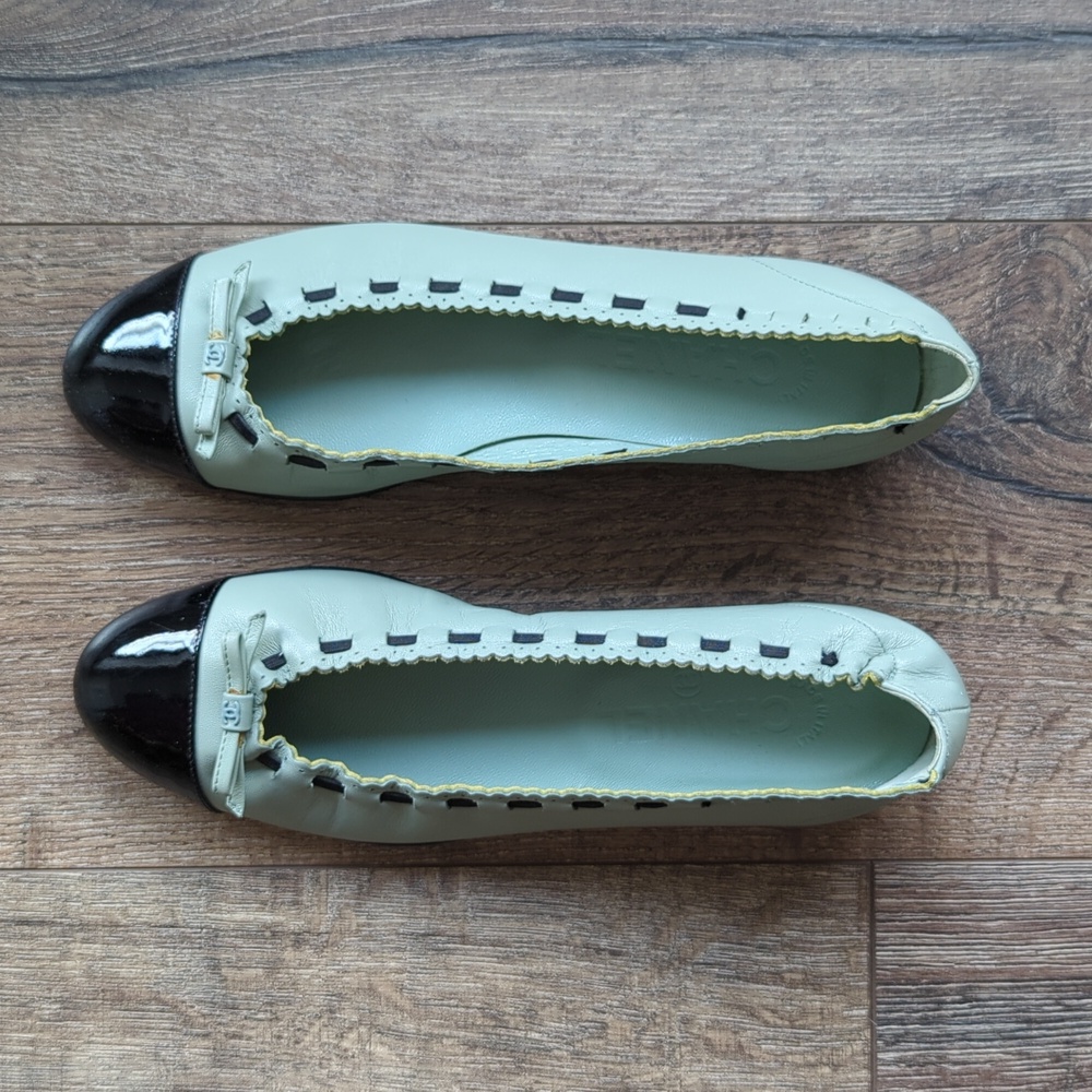 Chanel Ballet Shoes~Seafoam Green w/Black Patent Toe